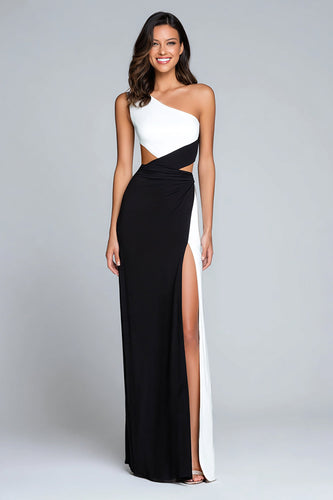 Schwarz und Weiß Eine Schulter Satin Lang Formelle Kleid mit Schlitz