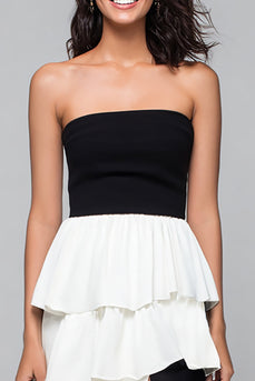 Schwarz und Weiß Trägerlos Gestufte Lang Formelle Kleid mit Schlitz