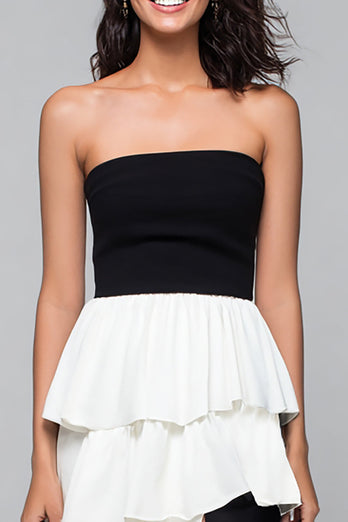 Schwarz und Weiß Trägerlos Gestufte Lang Formelle Kleid mit Schlitz