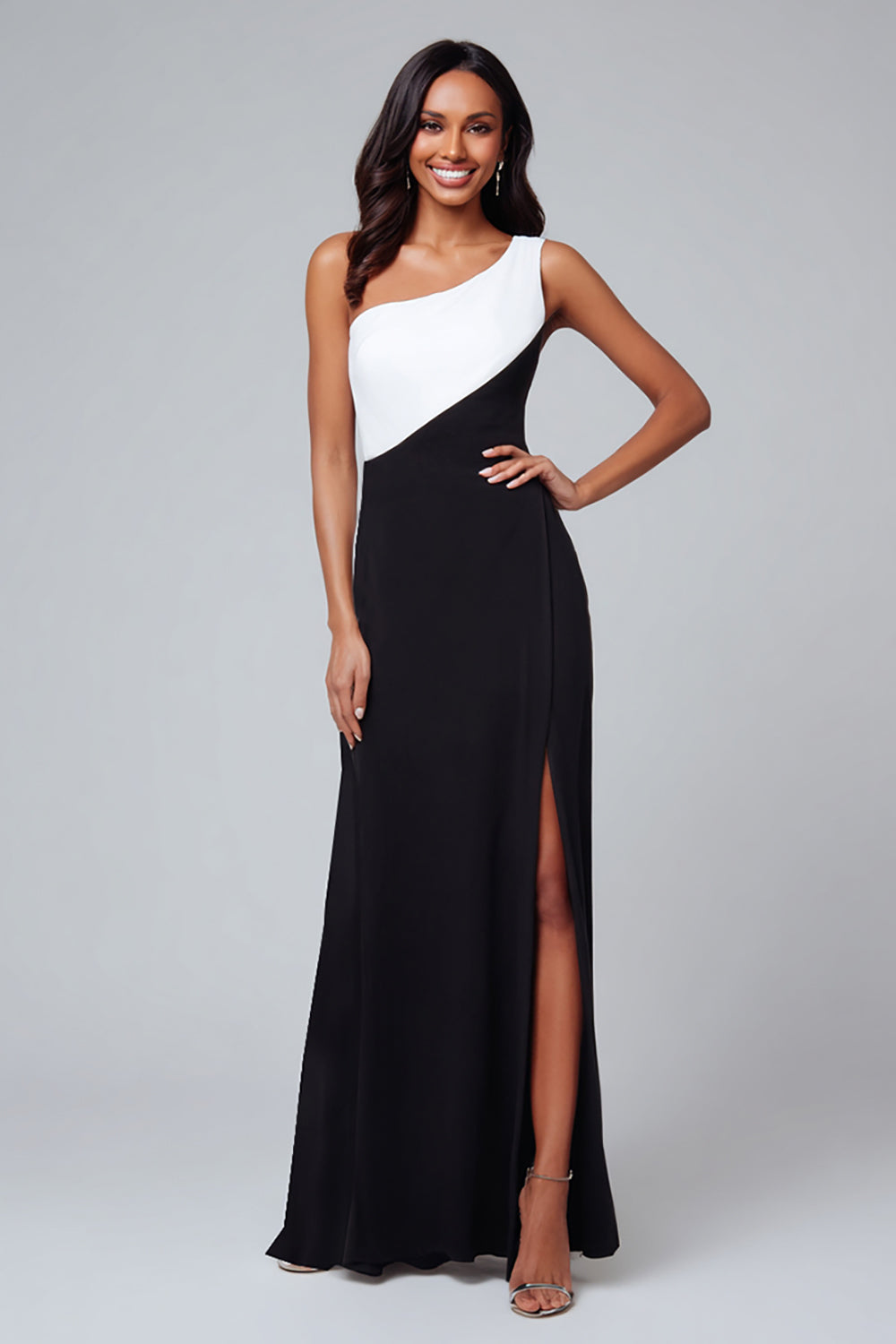Schwarz und Weiß Patchwork Eine Schulter Lang Formelle Kleid mit Schlitz