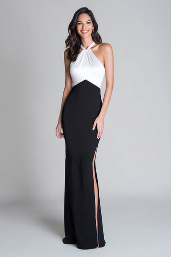 Schwarz und Weiß Meerjungfrau Neckholder Lang Formelle Kleid mit Schlitz