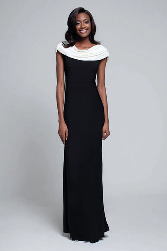 Einfaches Schwarz und Weiß Etui Satin Lang Formelle Kleid
