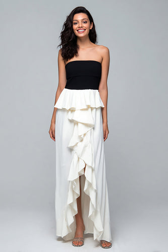 Schwarz und Weiß Trägerlos High-Low Formelle Kleid mit Rüschen