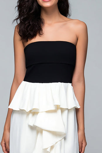 Schwarz und Weiß Trägerlos High-Low Formelle Kleid mit Rüschen