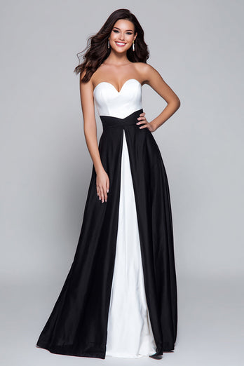 Schwarz und Weiß Patchwork Herz-Ausschnitt Lang Formelle Kleid