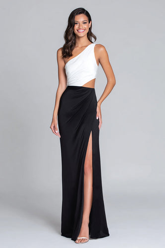 Schwarz und Weiß Satin Eine Schulter Lang Formelle Kleid mit Schlitz