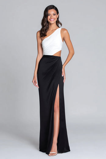 Schwarz und Weiß Satin Eine Schulter Lang Formelle Kleid mit Schlitz