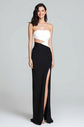 Schwarz und Weiß Cut Out Trägerlos Lang Satin Formelle Kleid mit Schlitz
