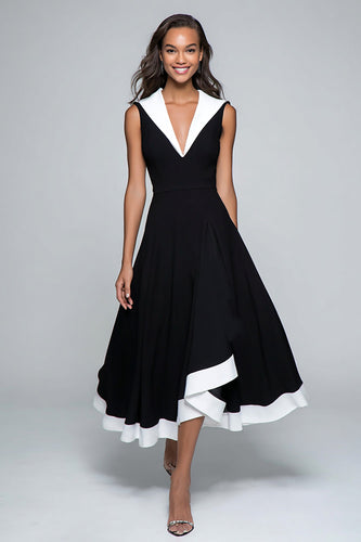 Schwarz und Weiß A Linie V-Ausschnitt Midi Formelle Kleid