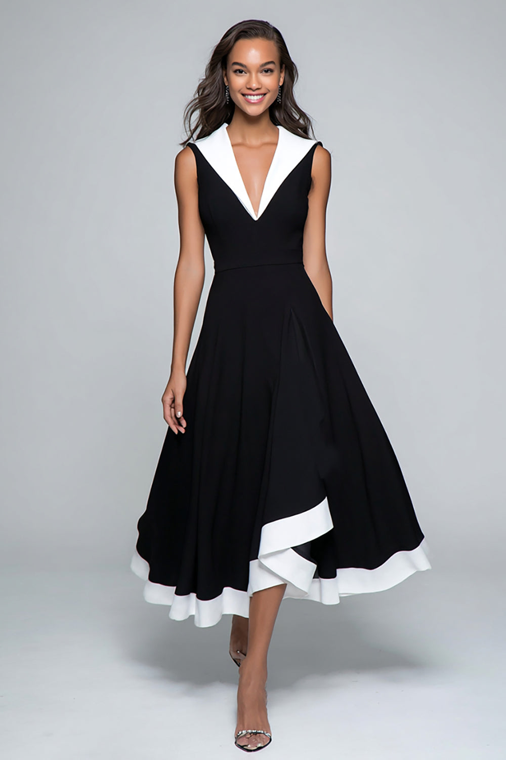 Schwarz und Weiß A Linie V-Ausschnitt Midi Formelle Kleid