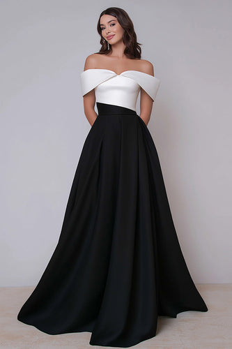 Schwarz und Weiß Schulterfreie A Linie Lang Formelle Kleid
