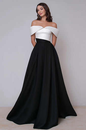 Schwarz und Weiß Schulterfreie A Linie Lang Formelle Kleid