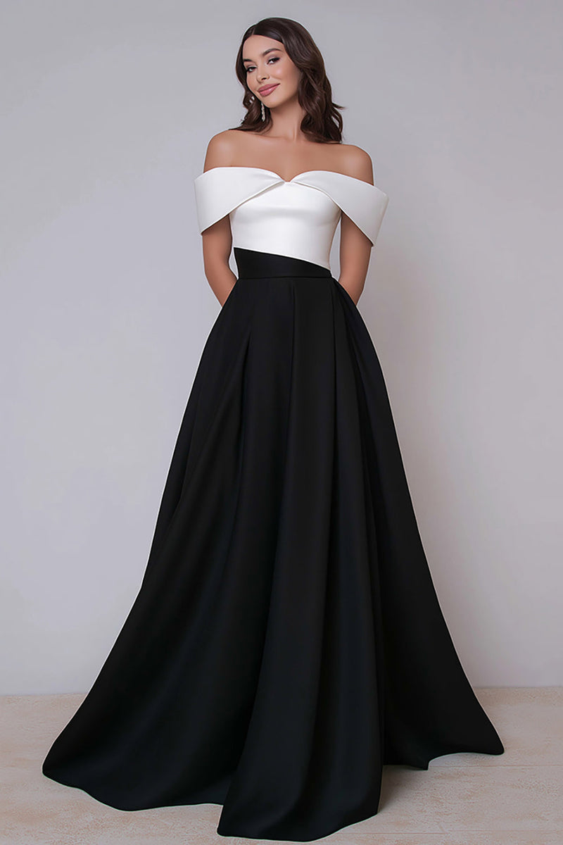 Laden Sie das Bild in den Galerie-Viewer, Schwarz und Weiß Schulterfreie A Linie Lang Formelle Kleid