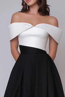 Schwarz und Weiß Schulterfreie A Linie Lang Formelle Kleid