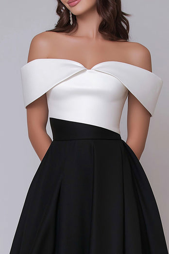 Schwarz und Weiß Schulterfreie A Linie Lang Formelle Kleid