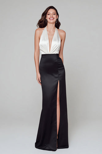 Schwarz und Weiß Satin Neckholder Lang Formelle Kleid mit Schlitz