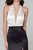 Laden Sie das Bild in den Galerie-Viewer, Schwarz und Weiß Satin Neckholder Lang Formelle Kleid mit Schlitz