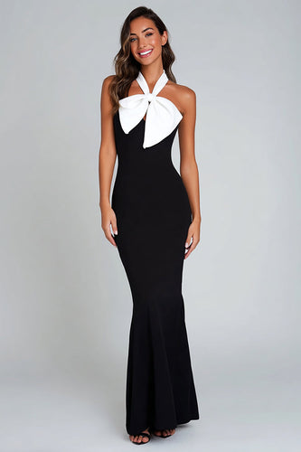 Schwarz und Weiß Meerjungfrau Satin Lang Formelle Kleid mit Bogen