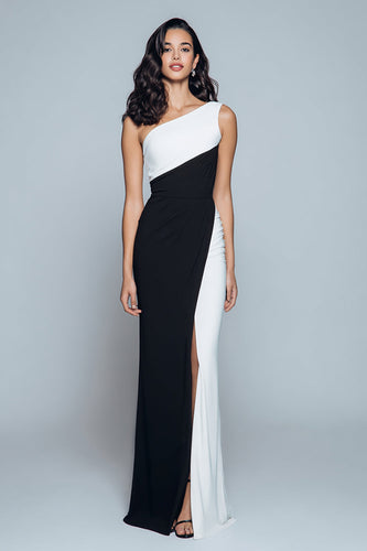 Schwarz und Weiß Satin Patchwork Lang Formelle Kleid mit Schlitz