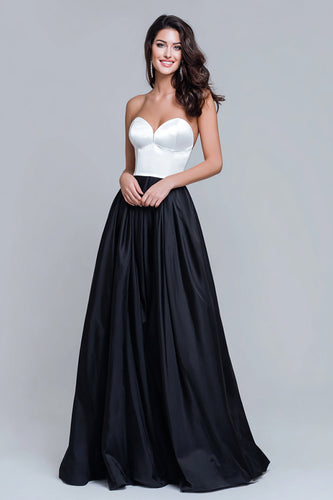 Schwarz und Weiß Satin Herz-Ausschnitt Lang Formelle Kleid