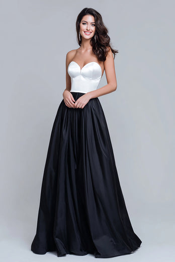 Schwarz und Weiß Satin Herz-Ausschnitt Lang Formelle Kleid