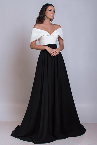 Schwarz und Weiß Schulterfreie Lang Satin Formelle Kleid