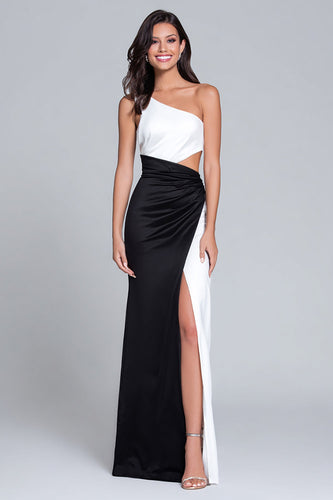 Schwarz und Weiß Eine Schulter Lang Satin Formelle Kleid mit Schlitz