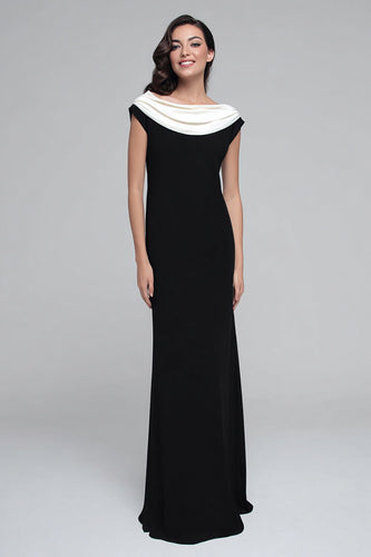 Schwarz und Weiß Boat Ausschnitt Etui Lang Satin Formelle Kleid