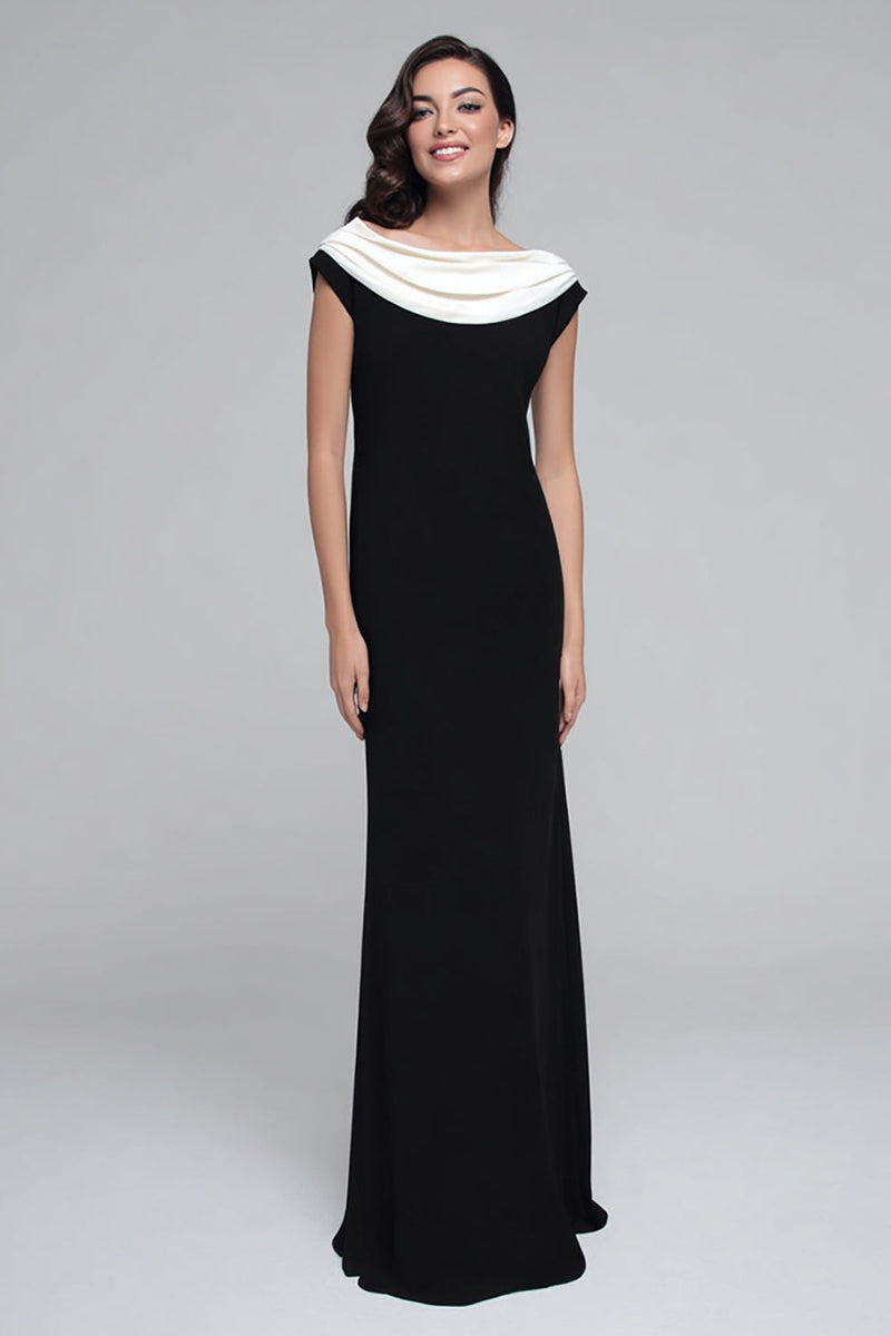 Laden Sie das Bild in den Galerie-Viewer, Schwarz und Weiß Boat Ausschnitt Etui Lang Satin Formelle Kleid