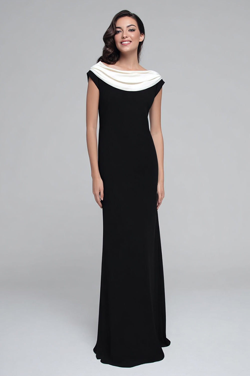 Schwarz und Weiß Boat Ausschnitt Etui Lang Satin Formelle Kleid