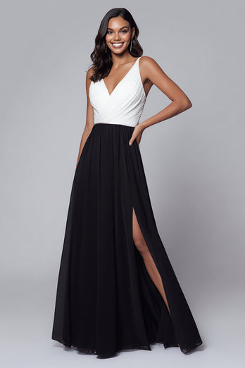 Schwarz und Weiß A Linie V-Ausschnitt Ruched Lang Formelle Kleid mit Schlitz