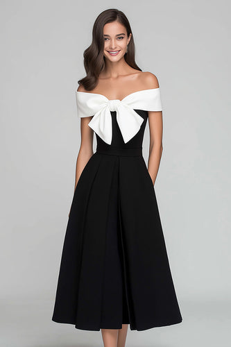 Schwarz und Weiß A Linie Schulterfreie Lang Formelle Kleid mit Bogen