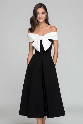 Schwarz und Weiß A Linie Schulterfreie Lang Formelle Kleid mit Bogen