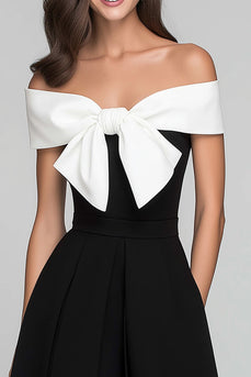 Schwarz und Weiß A Linie Schulterfreie Lang Formelle Kleid mit Bogen