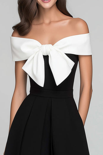 Schwarz und Weiß A Linie Schulterfreie Lang Formelle Kleid mit Bogen