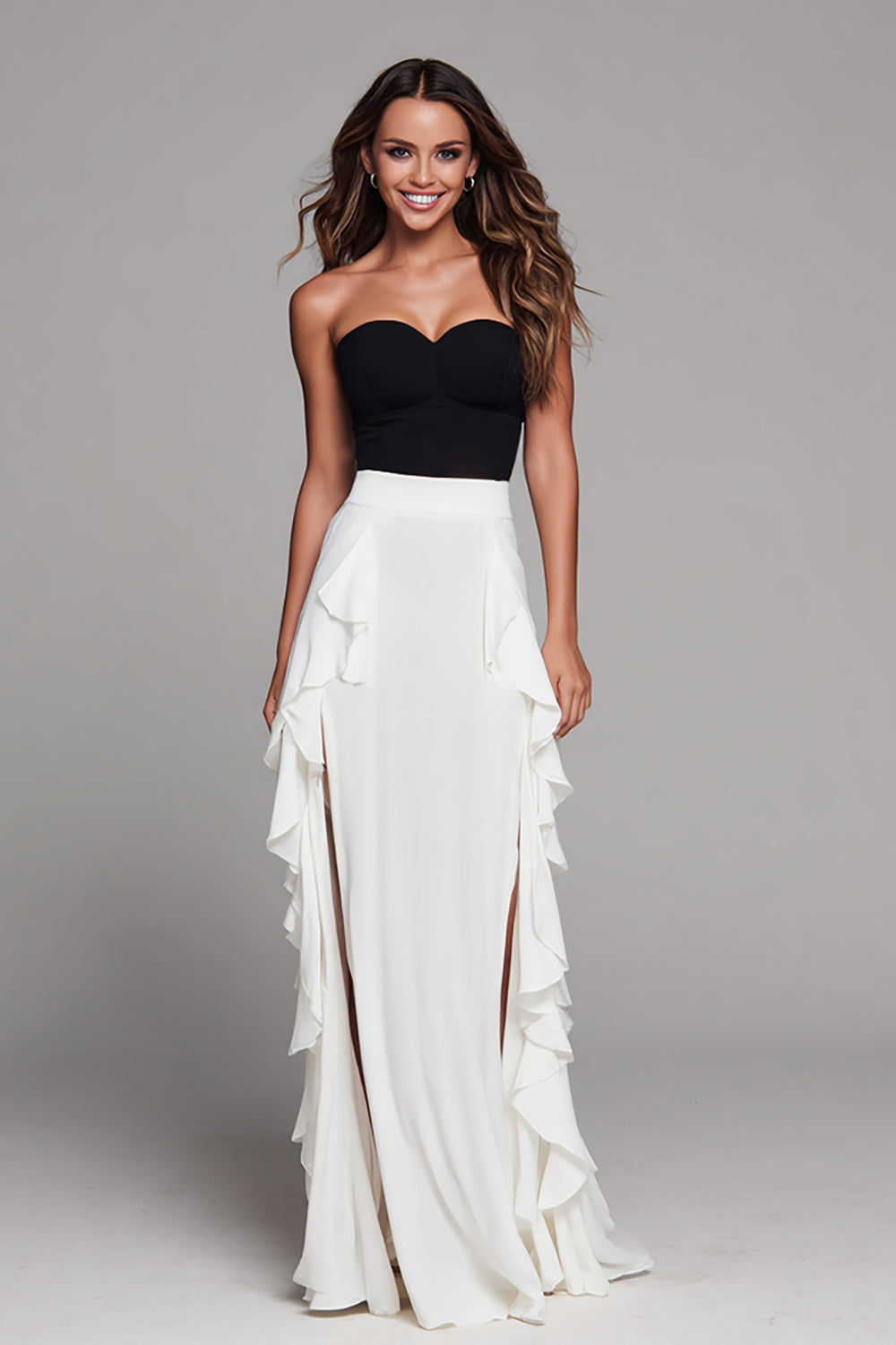 Schwarz und Weiß Herz-Ausschnitt Etui Lang Formelle Kleid mit Rüschen