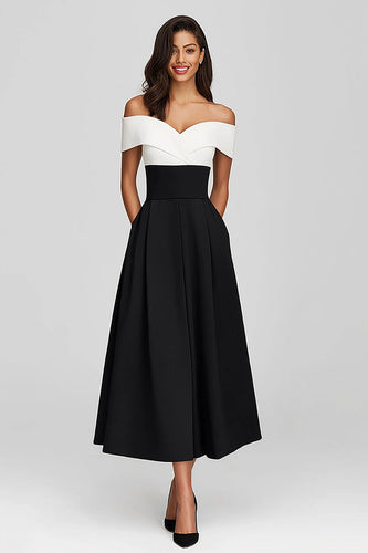 Schwarz und Weiß Schulterfreie A-Line Teelänge Formelle Kleid