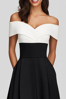 Schwarz und Weiß Schulterfreie A-Line Teelänge Formelle Kleid