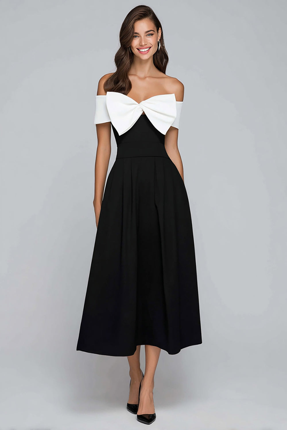 Schwarz und Weiß Schulterfreie A-Line Teelänge Formelle Kleid mit Bogen