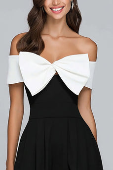 Schwarz und Weiß Schulterfreie A-Line Teelänge Formelle Kleid mit Bogen