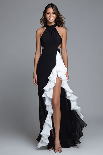 Schwarz und Weiß Neckholder Cut-Out Lang Formelle Kleid mit Rüschen
