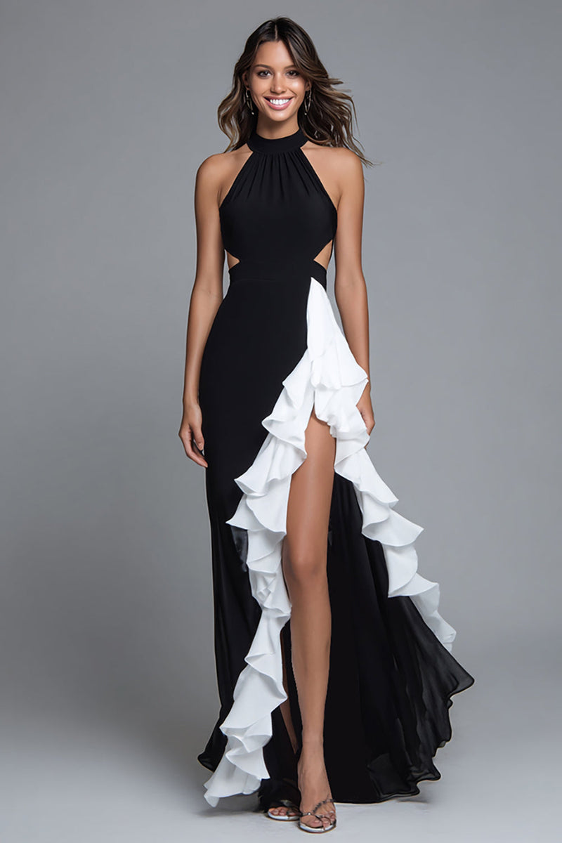 Laden Sie das Bild in den Galerie-Viewer, Schwarz und Weiß Neckholder Cut-Out Lang Formelle Kleid mit Rüschen