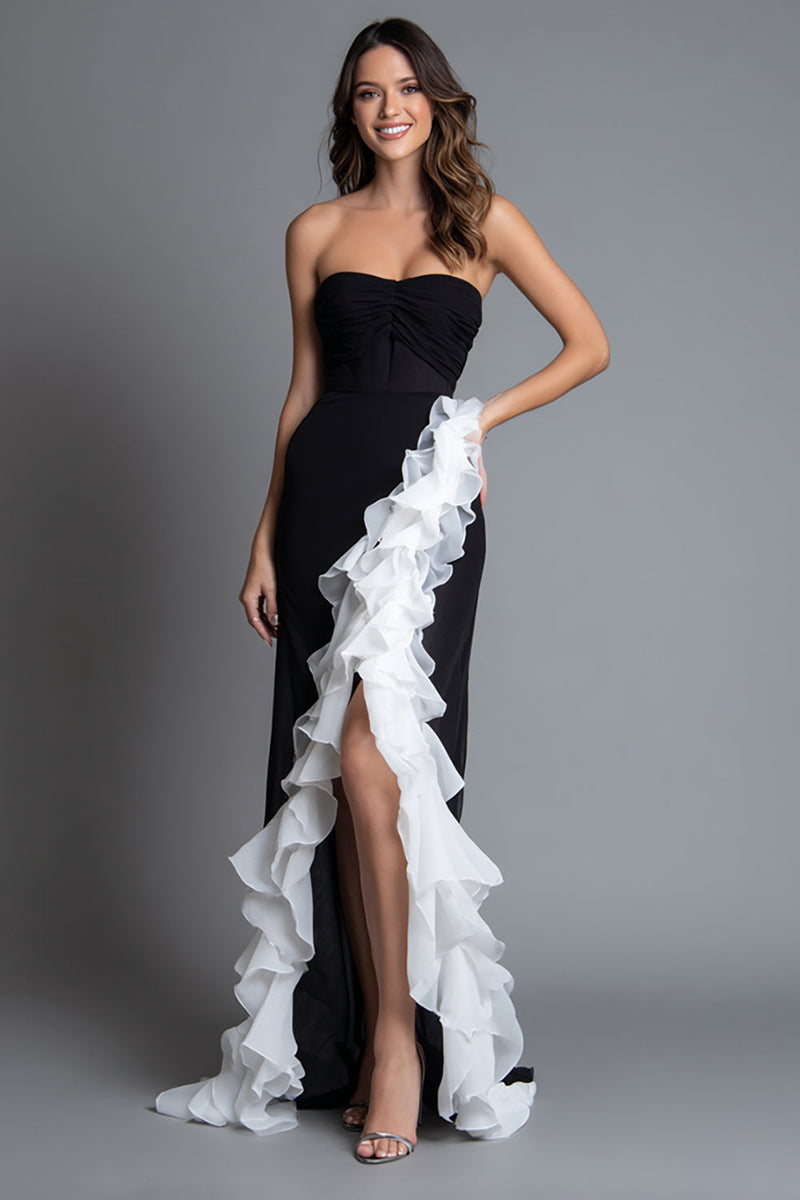 Laden Sie das Bild in den Galerie-Viewer, Schwarz und Weiß Herz-Ausschnitt Ruched Meerjungfrau Lang Formelle Kleid mit Rüschen