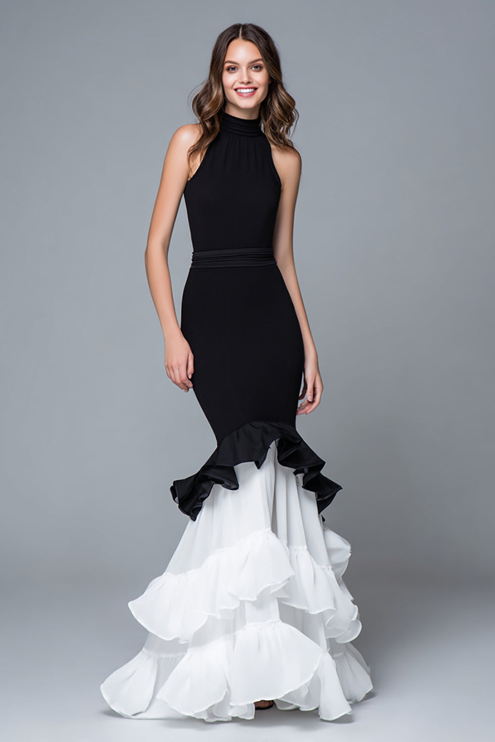Schwarz und Weiß Meerjungfrau Hohem Kragen Rüschen Lang Formelle Kleid