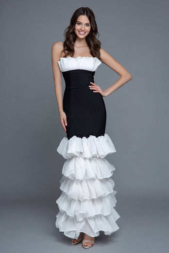 Schwarz und Weiß Trägerlos Meerjungfrau Rüschen Lang Formelle Kleid