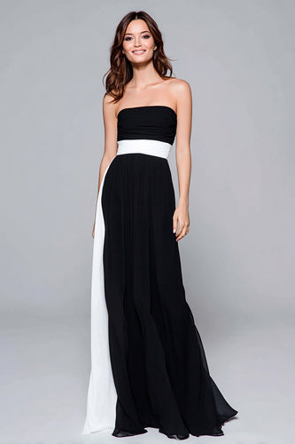 Schwarz und Weiß Trägerlos Etui Ruched Lang Formelle Kleid