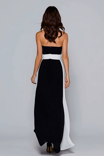 Schwarz und Weiß Trägerlos Etui Ruched Lang Formelle Kleid