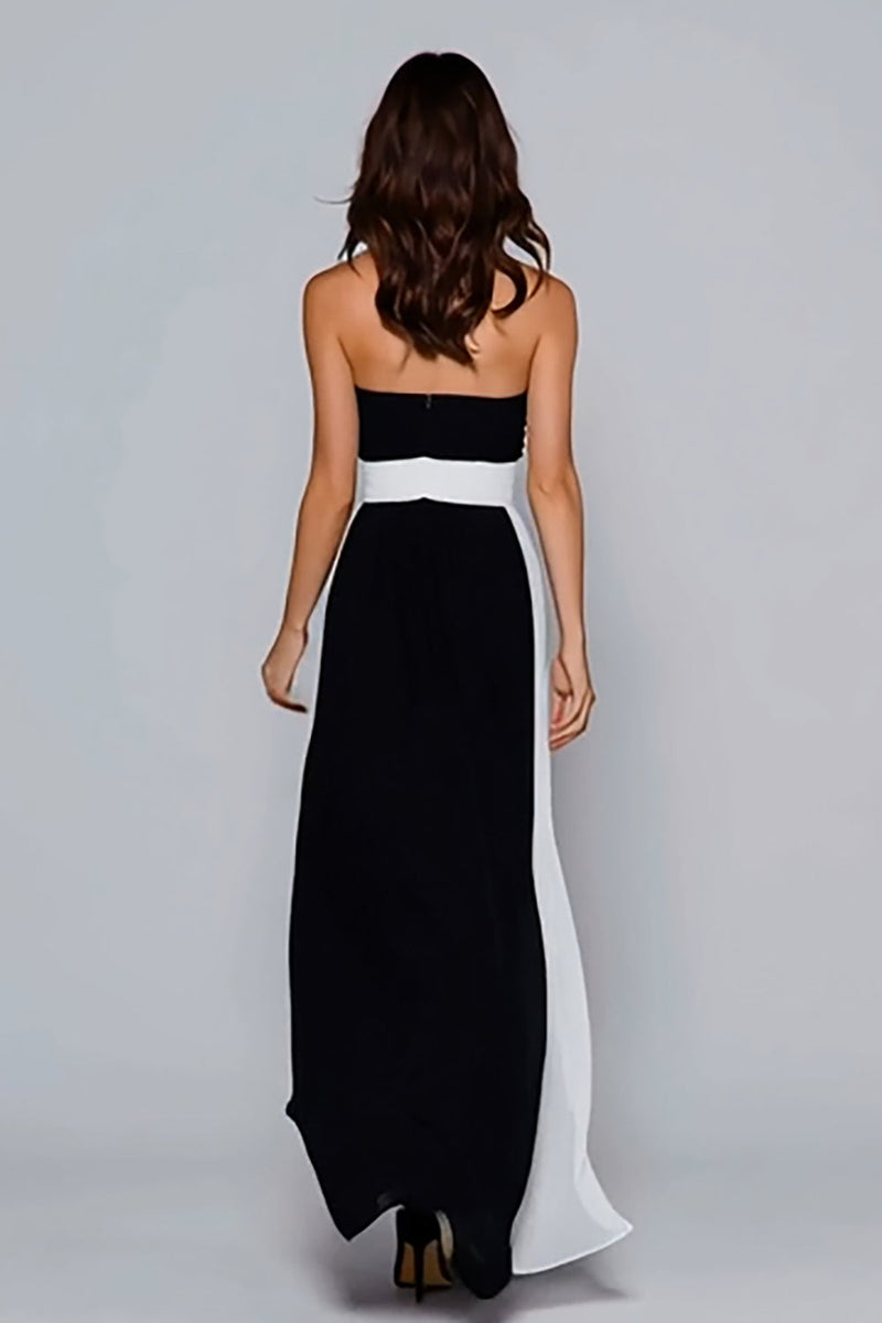 Laden Sie das Bild in den Galerie-Viewer, Schwarz und Weiß Trägerlos Etui Ruched Lang Formelle Kleid
