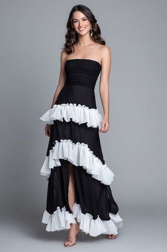 Schwarz und Weiß Etui Rüschen Trägerlos Lang Formelle Kleid mit Schlitz