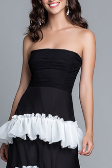 Schwarz und Weiß Etui Rüschen Trägerlos Lang Formelle Kleid mit Schlitz